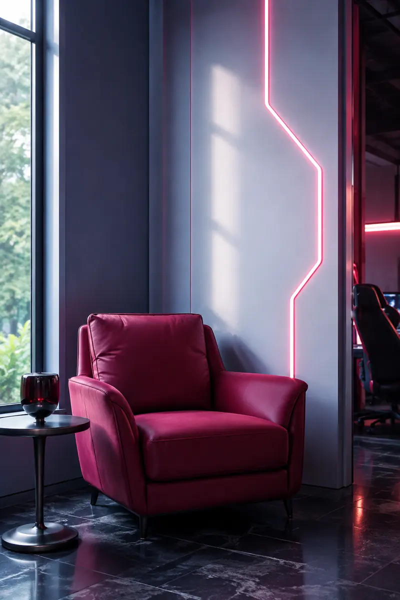Rincón lounge con sillón vino, mesa baja y luz de neón rosa