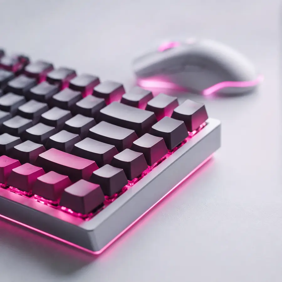 Teclado mecánico con retroiluminación rosa de una estación competitiva