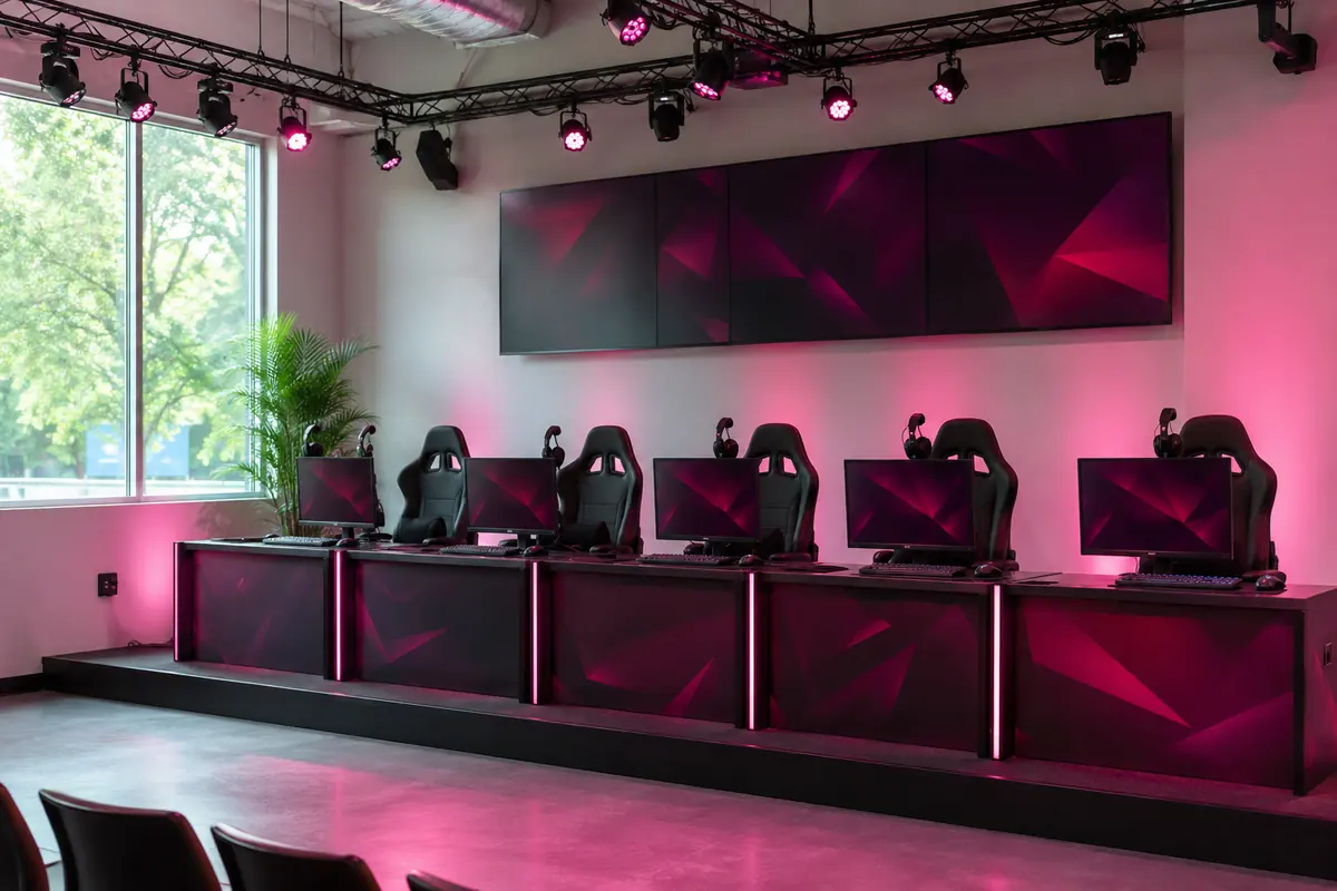 Sala Torneo con escenario elevado y monitores en fila iluminados en violeta